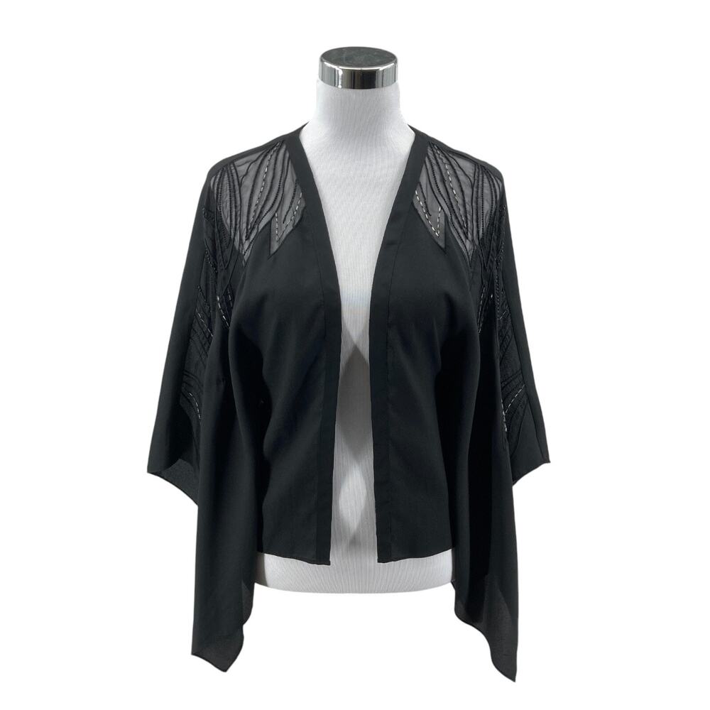 bebe Kimono Top Black XS Womens Chiffon Embellished Sheer Hanky Hem Tie Front